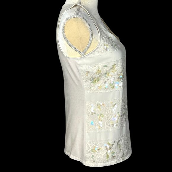 EXPRESS Women’s Tank Top Ivory Size SP Lace Sequins Striped Sleeveless Summer - Picture 10 of 13